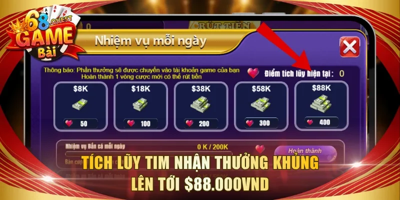 Tích lũy tim nhận thưởng khủng lên tới $88.000VND